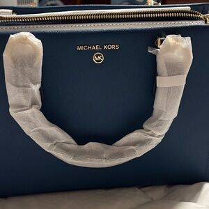Michael Kors Deep Navy/White Sides Saffiano Leather Satchel with Gold Logo